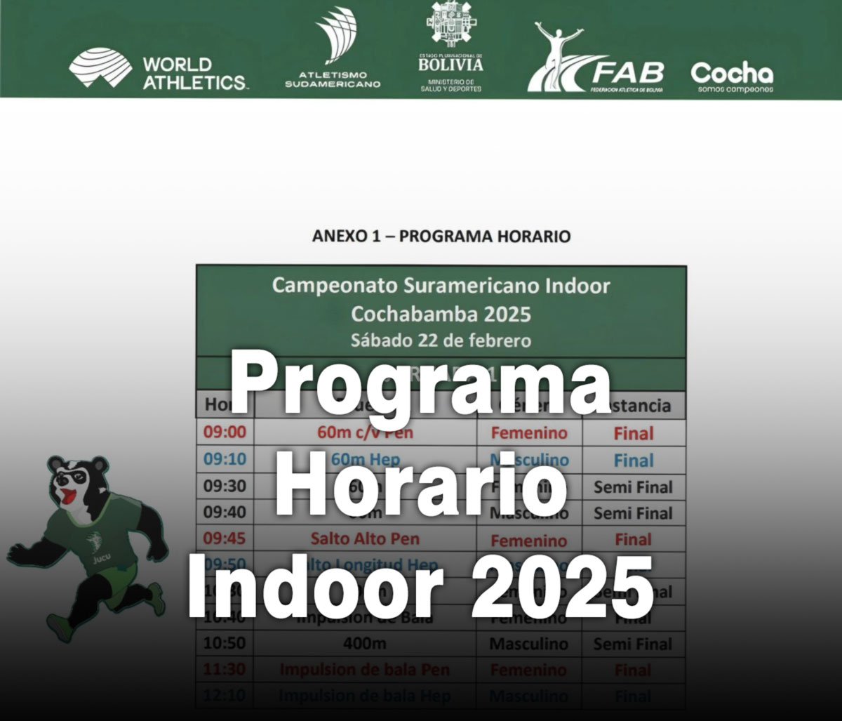 Programación confirmada para el Campeonato Sudamericano Indoor Cochabamba 2025