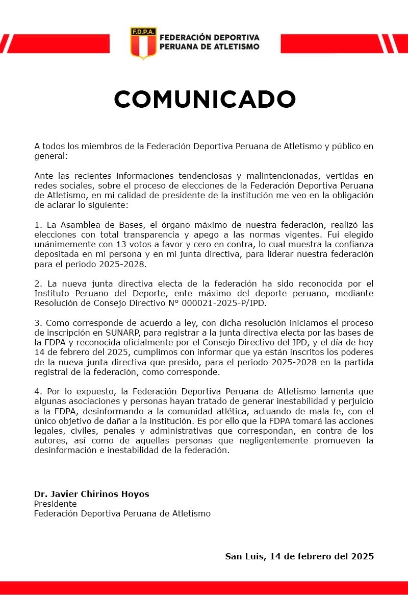 La Federación Deportiva Peruana de Atletismo aclara situación tras elecciones internas