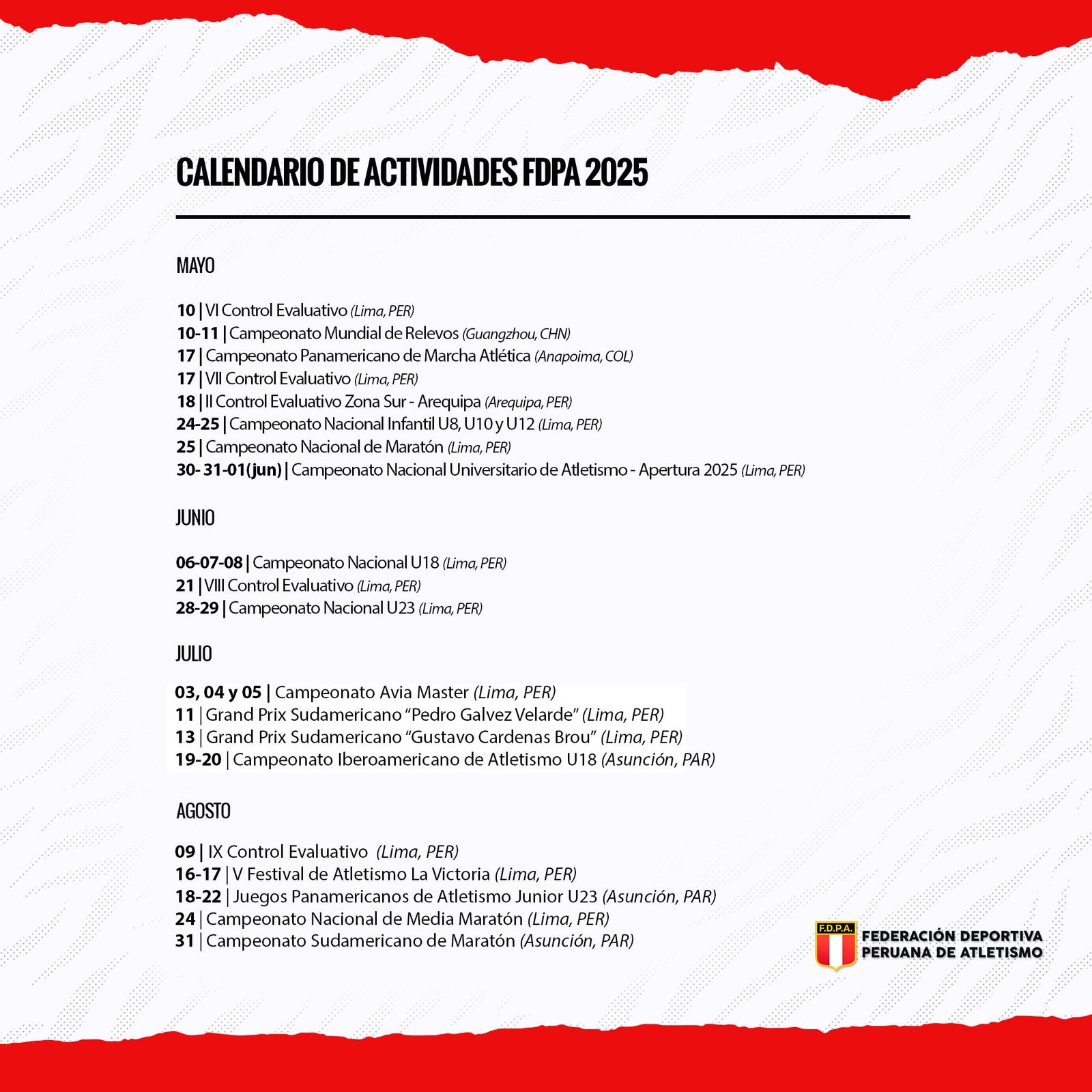 Calendario FDPA 2025: ¡Toda la acción del atletismo peruano!