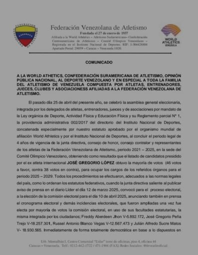 Federación Venezolana de Atletismo denuncia irregularidades y usurpación ante organismos internacionales